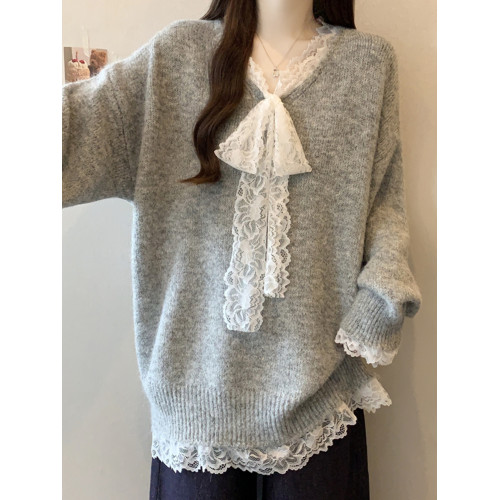 韓系V領蕾絲拼接針織衫女秋冬2025新款大碼胖mm中長款慵懶風毛衣
