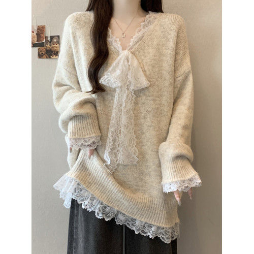 韓系V領蕾絲拼接針織衫女秋冬2025新款大碼胖mm中長款慵懶風毛衣