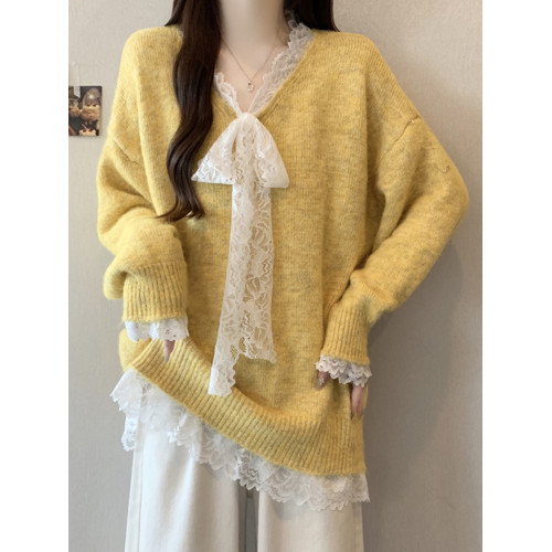 韓系V領蕾絲拼接針織衫女秋冬2025新款大碼胖mm中長款慵懶風毛衣