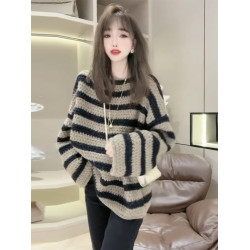 歐貨慵懶風一字領粉色條紋毛衣女秋冬季2025年新款復古加厚針織衫