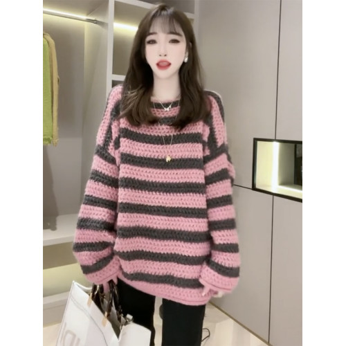 歐貨慵懶風一字領粉色條紋毛衣女秋冬季2025年新款復古加厚針織衫 歐貨慵懶風一字領粉色條紋毛衣女秋冬季2025年新款復古加厚針織衫