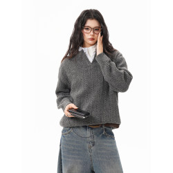 復古麥穗紋小V領毛衣女男2025秋季潮牌寬松慵懶高級感套頭針織衫
