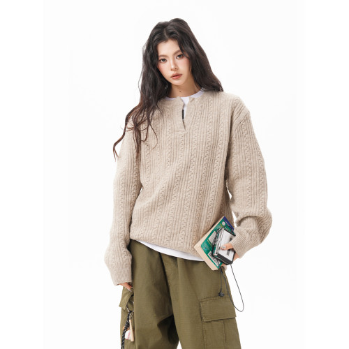 復古麥穗紋小V領毛衣女男2025秋季潮牌寬松慵懶高級感套頭針織衫