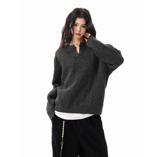 復古麥穗紋小V領毛衣女男2025秋季潮牌寬松慵懶高級感套頭針織衫