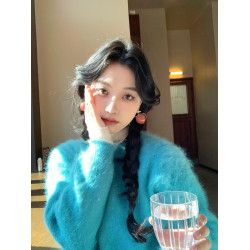 韓系寬松顯白藍色圓領軟糯水貂毛毛衣冬溫柔風別致套頭慵懶上衣女