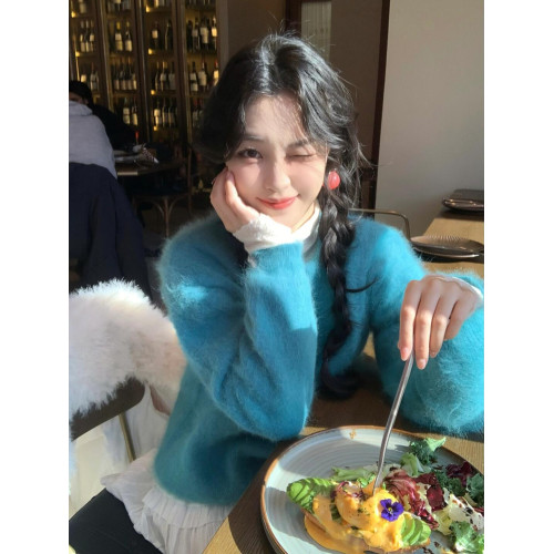 韓系寬松顯白藍色圓領軟糯水貂毛毛衣冬溫柔風別致套頭慵懶上衣女