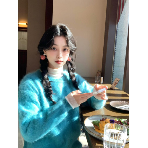 韓系寬松顯白藍色圓領軟糯水貂毛毛衣冬溫柔風別致套頭慵懶上衣女