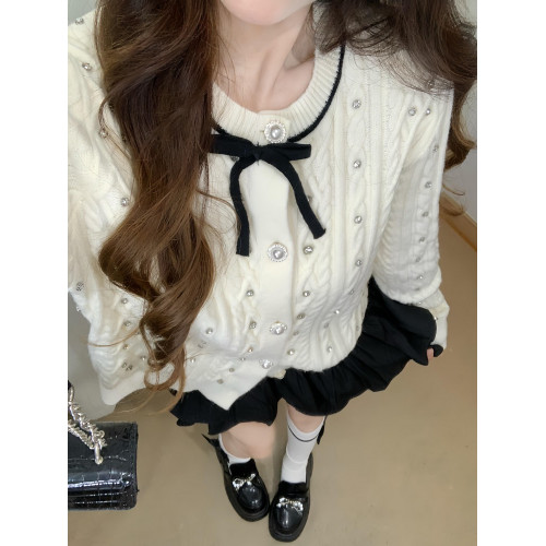 小香風蝴蝶結麻花針織開衫上衣女設計感白色甜美氣質毛衣外套秋冬 小香風蝴蝶結麻花針織開衫上衣女設計感白色甜美氣質毛衣外套秋冬