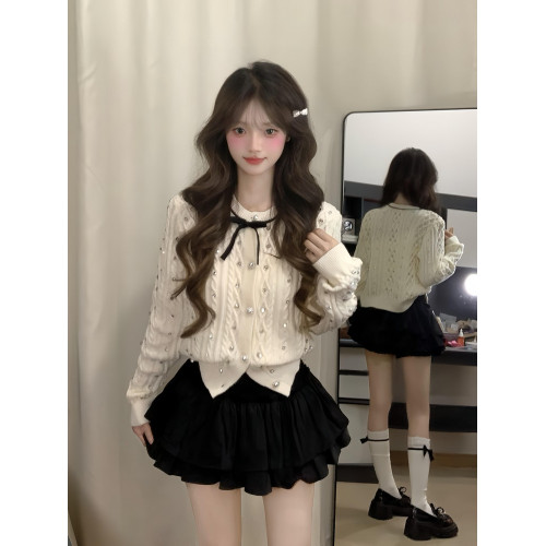 小香風蝴蝶結麻花針織開衫上衣女設計感白色甜美氣質毛衣外套秋冬 小香風蝴蝶結麻花針織開衫上衣女設計感白色甜美氣質毛衣外套秋冬