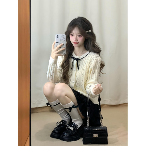 小香風蝴蝶結麻花針織開衫上衣女設計感白色甜美氣質毛衣外套秋冬 小香風蝴蝶結麻花針織開衫上衣女設計感白色甜美氣質毛衣外套秋冬