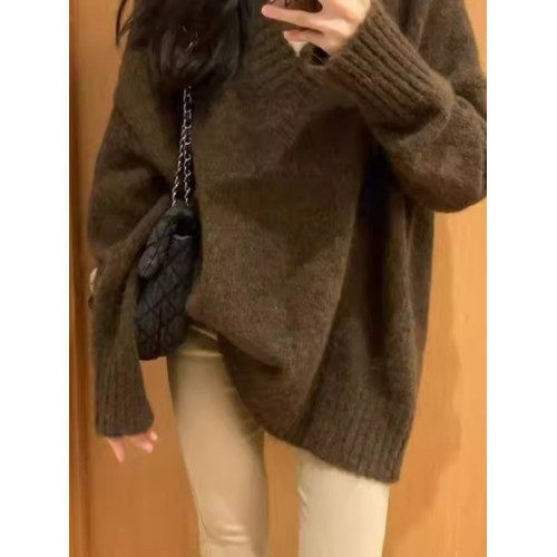 慵懶風寬松咖色套頭V領毛衣女2025年秋季簡約高級感軟糯針織上衣 慵懶風寬松咖色套頭V領毛衣女2025年秋季簡約高級感軟糯針織上衣