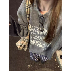 韓系慵懶灰色毛衣女秋冬加厚字母提花圓領針織衫寬松套頭長袖上衣