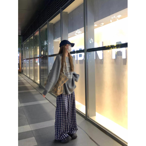 韓系慵懶灰色毛衣女秋冬加厚字母提花圓領針織衫寬松套頭長袖上衣