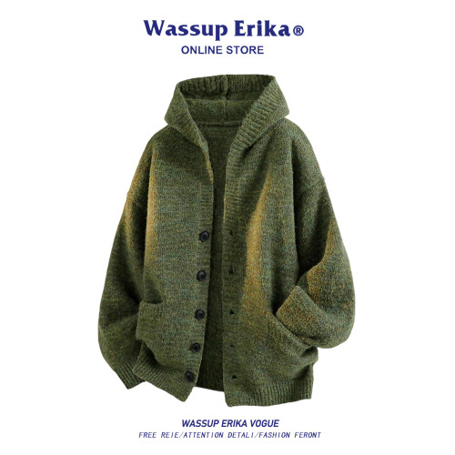 WASSUP ERIKA連帽毛衣男2025秋季復古設計感慵懶風百搭開衫針織衫