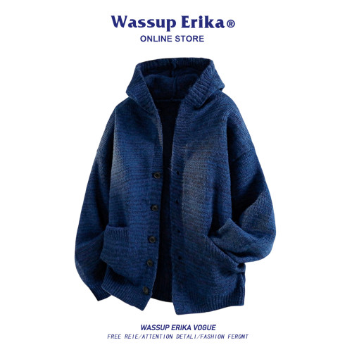 WASSUP ERIKA連帽毛衣男2025秋季復古設計感慵懶風百搭開衫針織衫