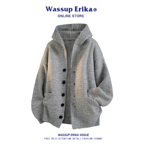 WASSUP ERIKA連帽毛衣男2025秋季復古設計感慵懶風百搭開衫針織衫