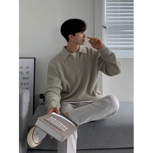 MRCYC繙領針織Polo衫男士秋冬季韓系寬鬆慵嬾風純色套頭長袖毛衣