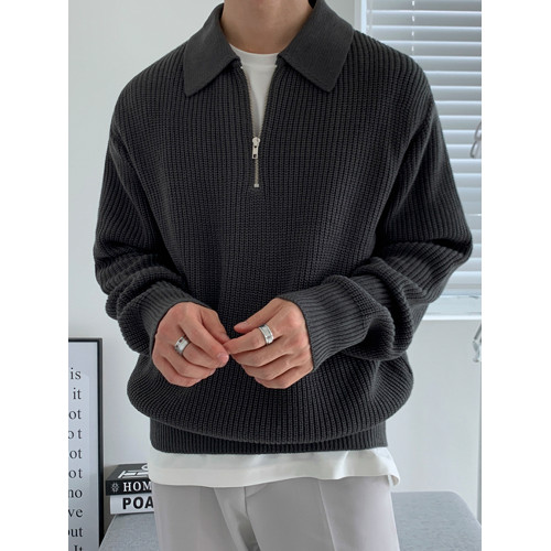 MRCYC繙領針織Polo衫男士秋冬季韓系寬鬆慵嬾風純色套頭長袖毛衣