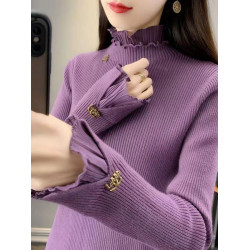 品質蕾絲邊半高領毛衣女秋冬新款時尚洋氣修身套頭針織打底衫上衣