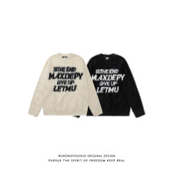 悟空有貨秋冬慵懶風仿貂絨軟糯毛衣男美式復古字母提花情侶針織衫