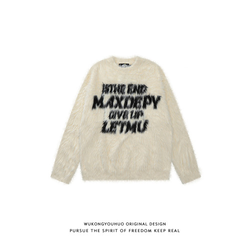 悟空有貨秋冬慵懶風仿貂絨軟糯毛衣男美式復古字母提花情侶針織衫