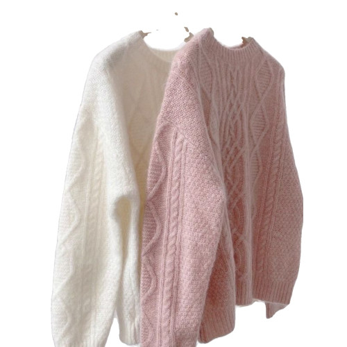 復古溫柔風套頭針織衫女秋冬仿浣熊絨軟糯麻花毛衣寬松外穿上衣厚