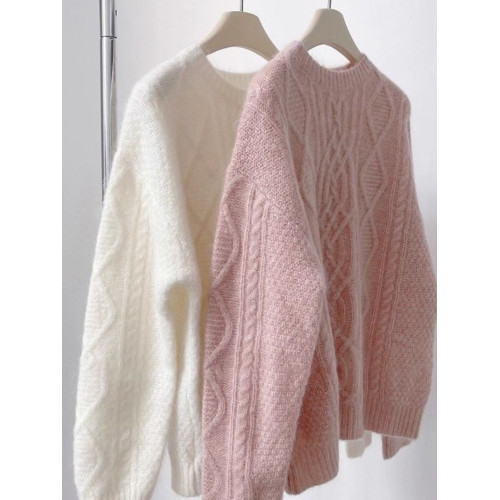 復古溫柔風套頭針織衫女秋冬仿浣熊絨軟糯麻花毛衣寬松外穿上衣厚