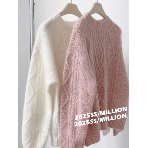 復古溫柔風套頭針織衫女秋冬仿浣熊絨軟糯麻花毛衣寬松外穿上衣厚