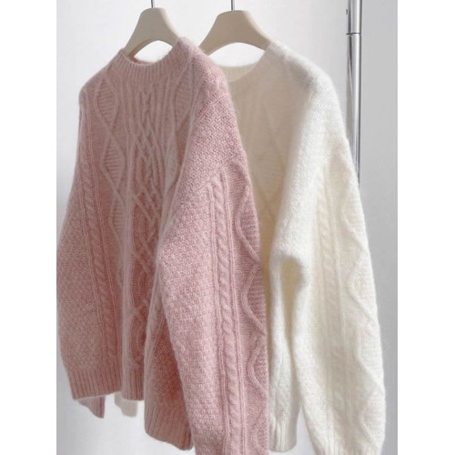 復古溫柔風套頭針織衫女秋冬仿浣熊絨軟糯麻花毛衣寬松外穿上衣厚