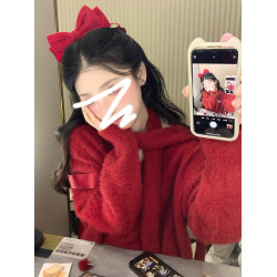 慵懶風聖誕紅色V領毛衣女秋冬季2025新款高級感掛脖上衣冬季穿搭