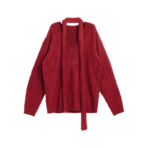 慵懶風聖誕紅色V領毛衣女秋冬季2025新款高級感掛脖上衣冬季穿搭