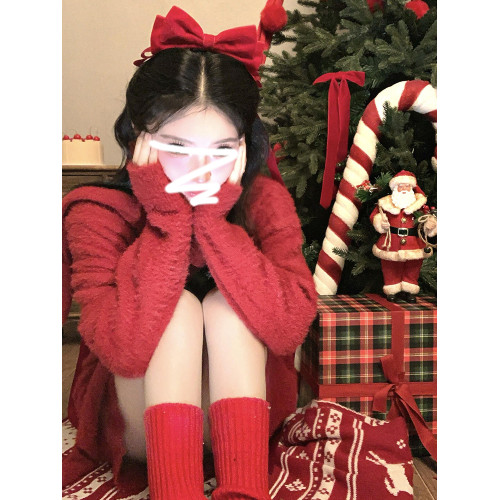 慵懶風聖誕紅色V領毛衣女秋冬季2025新款高級感掛脖上衣冬季穿搭