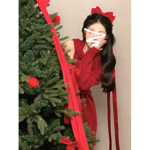 慵懶風聖誕紅色V領毛衣女秋冬季2025新款高級感掛脖上衣冬季穿搭