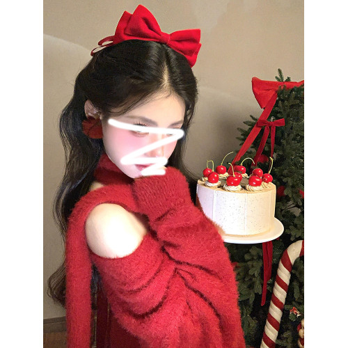 慵懶風聖誕紅色V領毛衣女秋冬季2025新款高級感掛脖上衣冬季穿搭