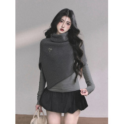 韓系設計小衆時尚穿搭高領針織毛衣披肩鬭篷高級感氣質寬松上衣女