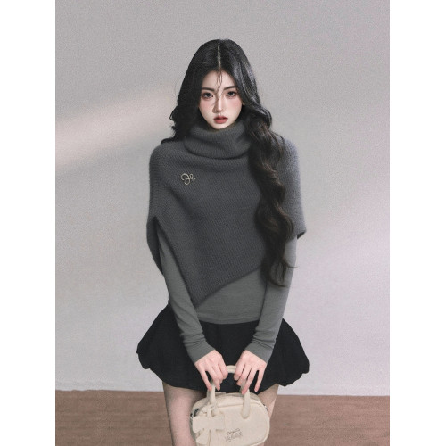 韓系設計小衆時尚穿搭高領針織毛衣披肩鬭篷高級感氣質寬松上衣女