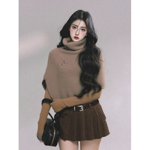 韓系設計小衆時尚穿搭高領針織毛衣披肩鬭篷高級感氣質寬松上衣女