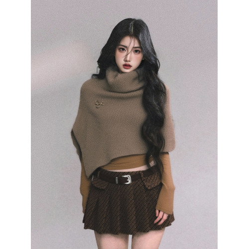 韓系設計小衆時尚穿搭高領針織毛衣披肩鬭篷高級感氣質寬松上衣女