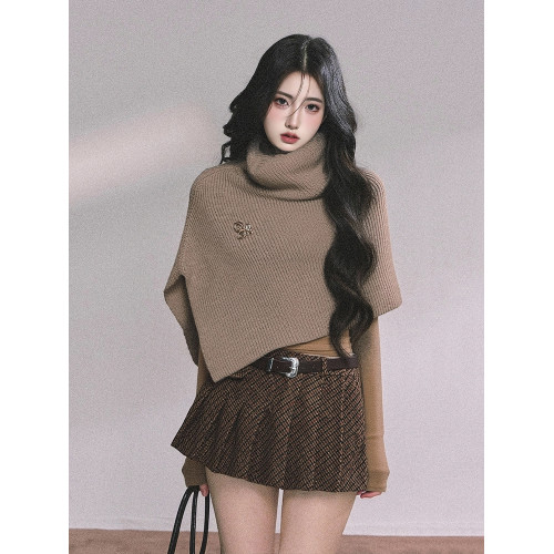 韓系設計小衆時尚穿搭高領針織毛衣披肩鬭篷高級感氣質寬松上衣女