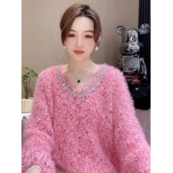 韓版燙鑽彩色波點拼接軟糯毛衣女秋冬新款小個子時尚氣質針織上衣