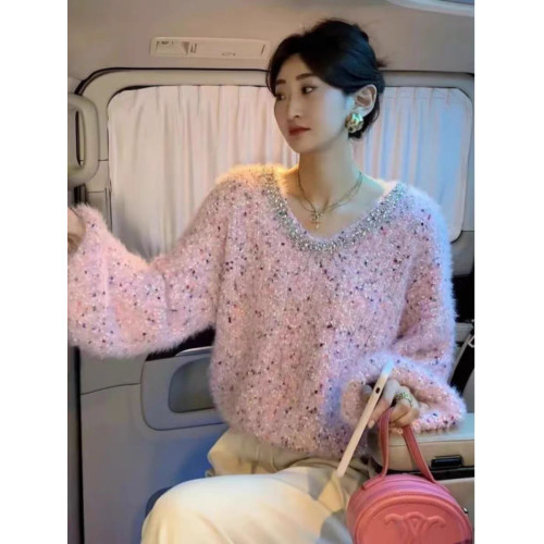 韓版燙鑽彩色波點拼接軟糯毛衣女秋冬新款小個子時尚氣質針織上衣