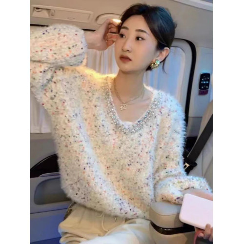 韓版燙鑽彩色波點拼接軟糯毛衣女秋冬新款小個子時尚氣質針織上衣