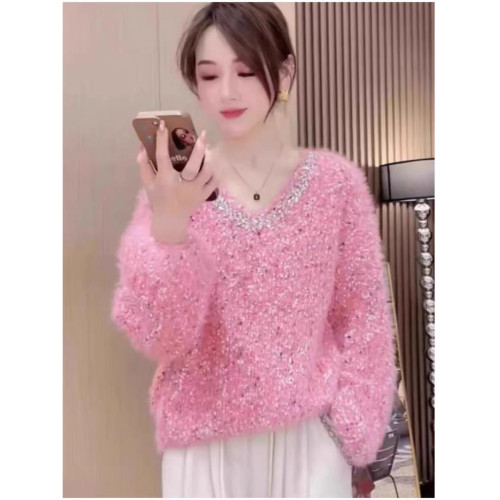 韓版燙鑽彩色波點拼接軟糯毛衣女秋冬新款小個子時尚氣質針織上衣