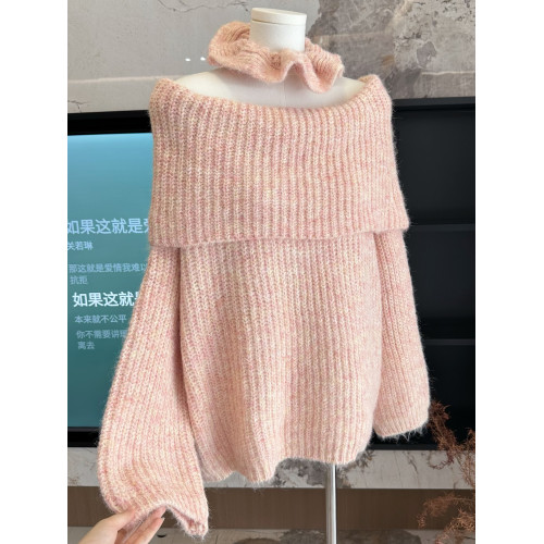 阿肉Ree【嬌柔陷阱】一字肩/斜肩松弛慵懶大毛衣寬松針織百搭上衣