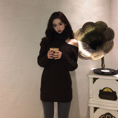 復古漏肩麻花高領毛衣上衣女秋冬大碼胖mm寬松性感長袖打底針織衫 復古漏肩麻花高領毛衣上衣女秋冬大碼胖mm寬松性感長袖打底針織衫