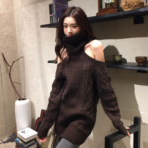 復古漏肩麻花高領毛衣上衣女秋冬大碼胖mm寬松性感長袖打底針織衫 復古漏肩麻花高領毛衣上衣女秋冬大碼胖mm寬松性感長袖打底針織衫