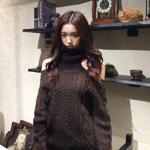 復古漏肩麻花高領毛衣上衣女秋冬大碼胖mm寬松性感長袖打底針織衫 復古漏肩麻花高領毛衣上衣女秋冬大碼胖mm寬松性感長袖打底針織衫