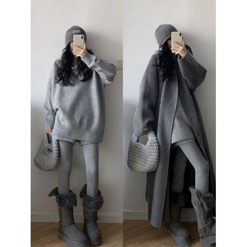 韓系高級感灰色套頭浣熊絨毛衣女秋冬軟糯慵懶風中長款針織衫上衣 韓系高級感灰色套頭浣熊絨毛衣女秋冬軟糯慵懶風中長款針織衫上衣