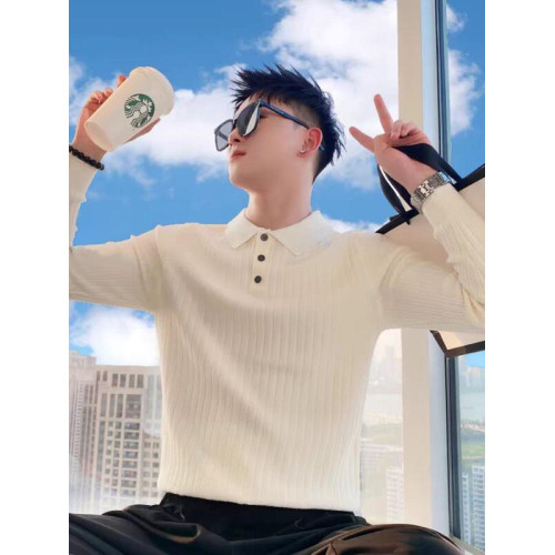 高級感包芯紗針織衫男文藝範修身長袖polo衫翻領工裝羊毛保羅衫潮
