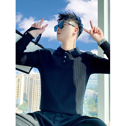 高級感包芯紗針織衫男文藝範修身長袖polo衫翻領工裝羊毛保羅衫潮